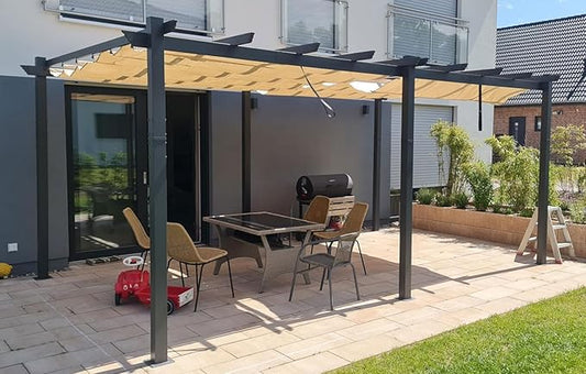 PURPLE LEAF 12' X 18' Outdoor Retractable Aluminum Pergola with Sun Shade Canopy Patio Metal Porch Garden Pavilion Grill Gazebo Modern Backyard Grape Trellis Pergola, Beige