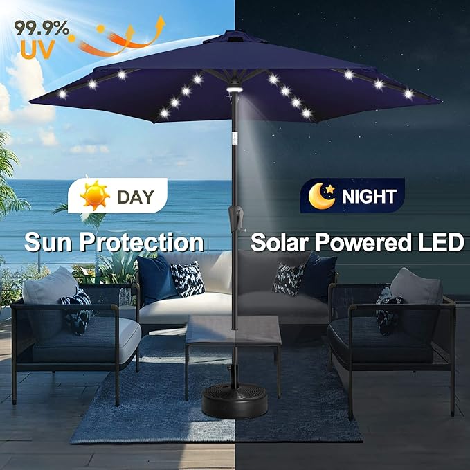 FLAME&SHADE 10ft Solar Outdoor Umbrella - 24 LED Lighted Patio Umbrella with Centre Surround Light, Table Umbrellas with Tilt & Crank for Pool, Porch, Garden, Deck, Backyard UV Protection (Navy Blue)