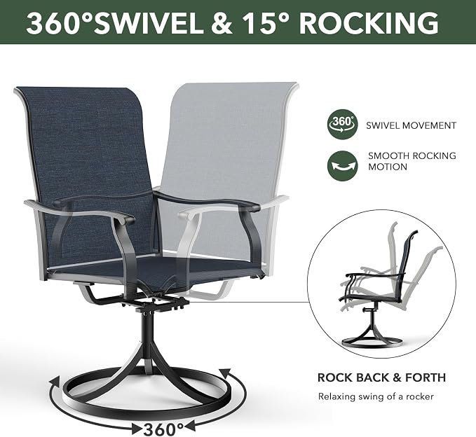 Patio Dining Set 5 with 40" Glass Round Table, Navy Blue Swivel Chairs Sty1 | 4 Piece Swivel Chairs: High Back, Retro Armrest, Textilene Fabric, Rocking; 40 inch Round Table: Glass Top; All Weather