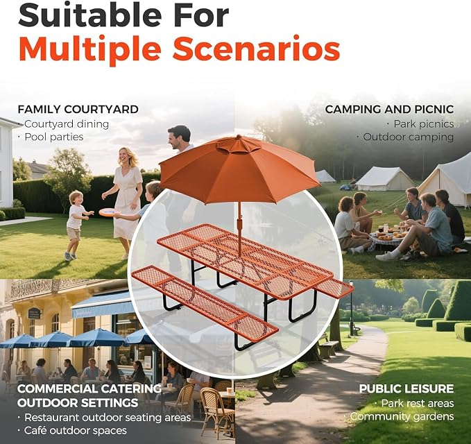 72" Coated Round Metal Picnic Table for 4-6 Person, Durable Heavy Duty Commercial Picnic Table with Umbrella Hole for Outdoor Coffee Shop, School, Easy to Install, Orange