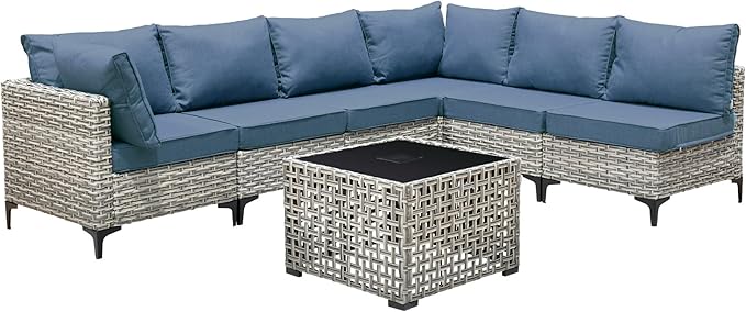Outdoor Patio Furniture Sets,7 PCS Patio Conversation Set Outside Rattan Sectional Sofa with Coffee Table Fit Backyard Porch Garden Poolside Balcony