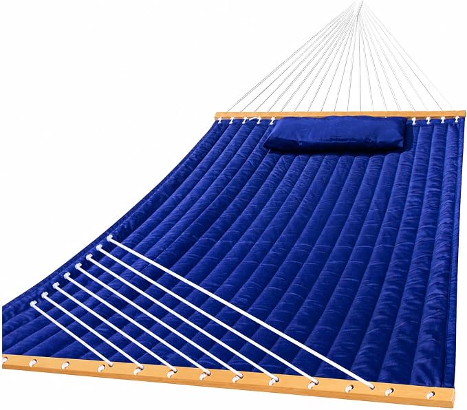 Double Quilted Hammock with Spreader Bar, Pillow & Chains, 450 lbs Capacity, Weather Resistant, for Patio, Backyard, Beach, Outdoor, Navy Blue