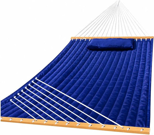 Double Quilted Hammock with Spreader Bar, Pillow & Chains, 450 lbs Capacity, Weather Resistant, for Patio, Backyard, Beach, Outdoor, Navy Blue