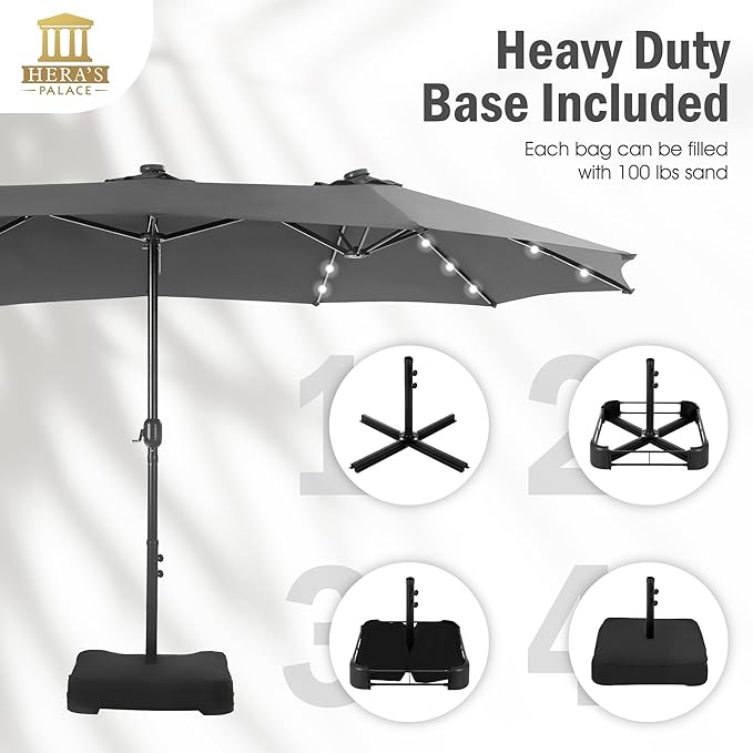 HERA'S PALACE 15ft Patio Umbrella with Base Included Double Sided Outdoor Umbrella for Patio Table Umbrella Outdoor 36 LED Solar Lights for Garden