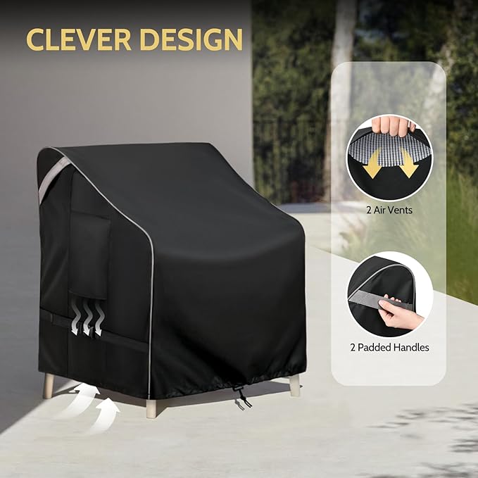 COSFLY Outdoor Patio Chair Covers Waterproof, Heavy-Duty UV-Resistant Furniture Covers, Adjustable Fit with Buckle Straps, Fits Chairs up to 36" W x 34" D x 32" H (2-Pack, Black)