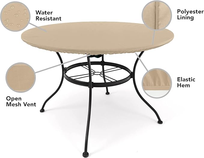 Covermates Classic Round Table Top Cover – All-Weather Outdoor Table Protection, Water-Resistant Vinyl, Elastic Hem, Mesh Vents, Patio Furniture Cover, Round 30-36 DIAMETER, Classic Tan