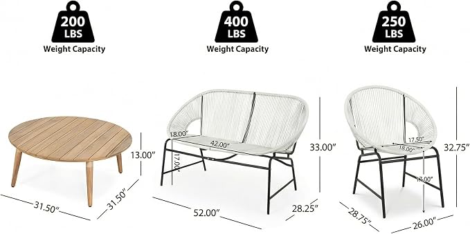 Christopher Knight Home Dessa 4 Piece Patio Furniture Set with Acacia Wood Coffee Table, 4 Seater PE Rattan Outdoor Conversation Set, Metal Outdoor Sectional Sofa Set, Beige+White, White