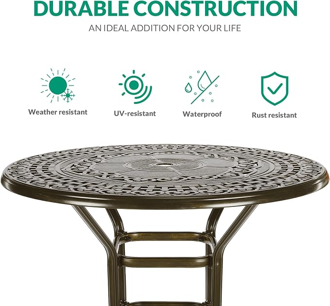 VIVIJASON 38.5" Patio Height Bar Table, All-Weather Cast Aluminum Bar Bistro Table Outdoor Patio Round Dining Table with Umbrella Hole for Balcony, Lawn, Garden, Backyard, Antique Bronze