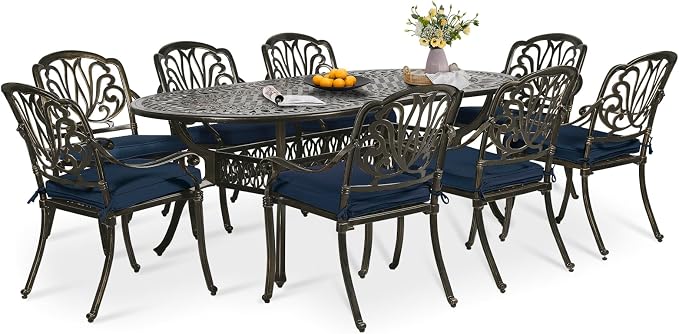 9-Piece Patio Dining Set, Outdoor Patio Table and Chair Set of 84” Oval Cast Aluminum Dining Table with Umbrella Hole and 8 Outdoor Dining Cushion Chairs, Patio Funiture Set for Garden, Navy