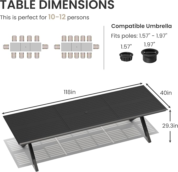Crestlive Products 118" Outdoor Aluminum Dining Table for 12 People, Black Extra Long Patio Table with X Frame Legs and Adjustable Umbrella Hole, Heavy Duty Backyard Deck Garden Dining Tables