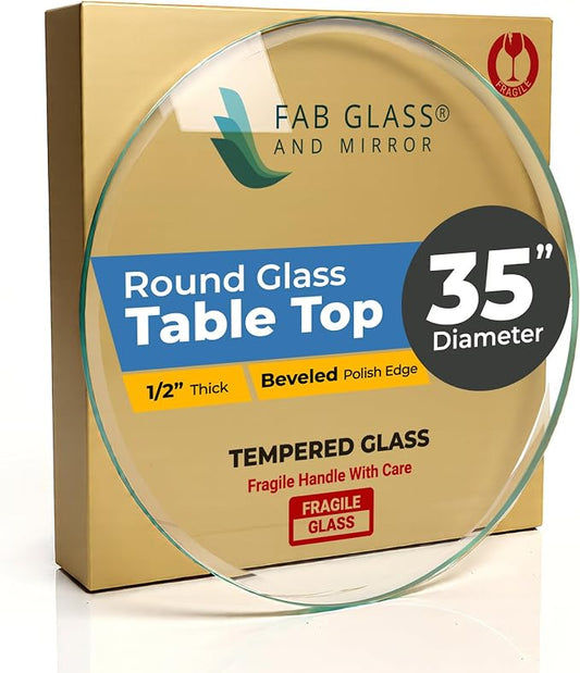 "35"" Inch Round Glass Table Top 1/2"" Thick Tempered Beveled Edge by Fab Glass and Mirror", clear