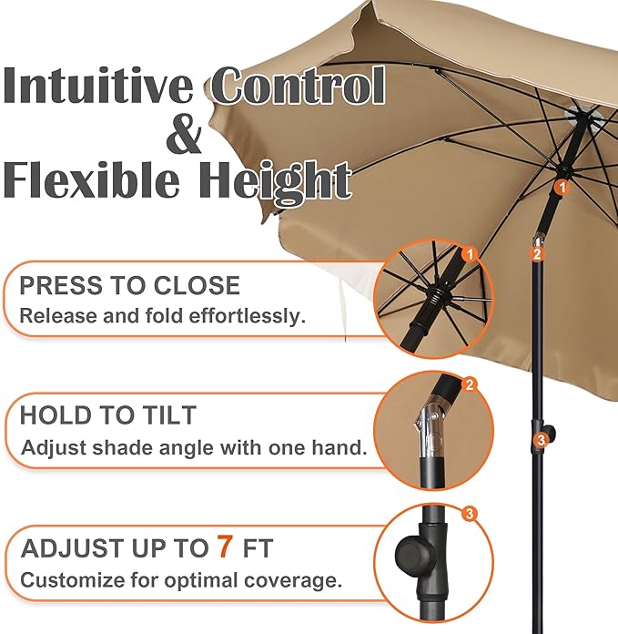Blissun 6.5ft Patio Umbrella with Push Button Tilt & Height Adjustable, UV50+ Sun Protection with Sturdy Fiberglass Ribs & Iron Pole, Market Umbrella for Outdoor Table Garden Backyard Beach