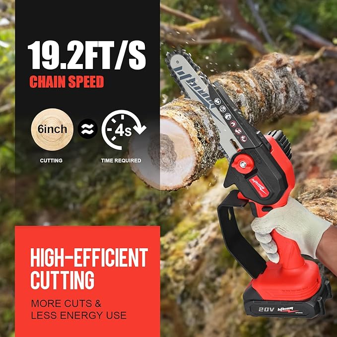 Mini cordless chainsaw, 6-inch portable electric chainsaw, small handheld battery powered chainsaw for wood cutting, tree trimming, and yard work