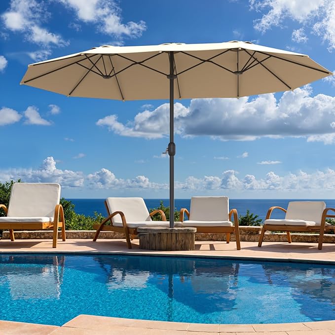 15ft Double-Sided Outdoor Patio Umbrella, Table Umbrellas with Steel Ribs, Easy Crank, Market Umbrella for Backyard & Pool