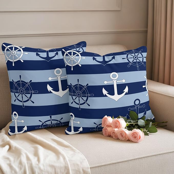 Nautical Ship Anchors Waterproof Outdoor Pillow Covers Set of 2 Home Decor, Navy Blue Horizontal Stripes Pillowcase Patio Pillow Covers for Couch Bench Patio Furniture Garden 18x18in