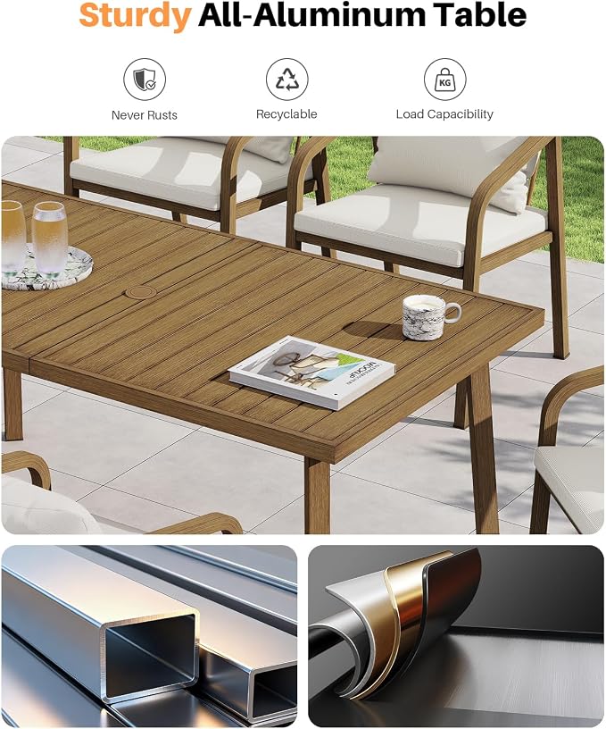 Never-Rust Aluminum Patio Dining Table, 63" x 35" Rectangular Outdoor Dining Table for 6, Outdoor Patio Table with Umbrella Hole for Backyard, Garden, Balcony, Deck, Teak