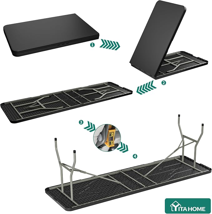 YITAHOME 8FT Heavy Duty Folding Table for Indoors & Outdoors Use, Versatile Rectangle Folding Table with Carrying Handle for Camping, Picnics, Parties, and Events, Black