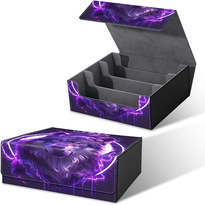 Large Card Deck Box for MTG, Fits 1200+ Sleeved Cards, PU Leather Storage Case with Strong Magnetic Closure, Multiple Colors for TCG CCG Baseball Card Collections, Cool Wolf Purple
