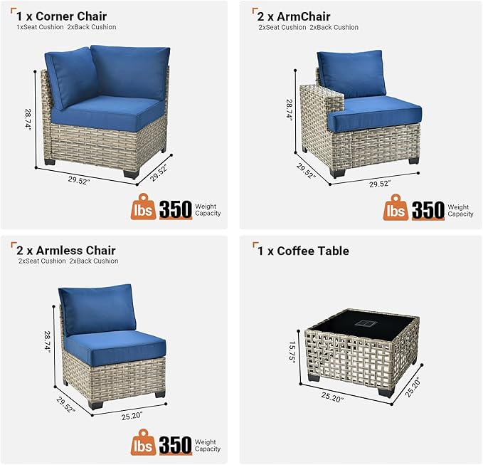 ovios 6 Piece Patio Sectional Furniture, Rattan Wicker Coversation Couch Set, Outdoor Sofa Set for Outside Porch Balcony Backyard Pool,Navy Blue