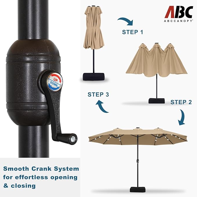 ABCCANOPY 15ft Umbrella Outdoor Patio Solar Lights with Base, Outdoor Double-Sided Rectangle Umbrella for Poolside, Lawn, Backyard (Khaki)