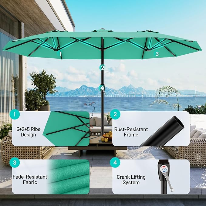 AreShark 15ft Patio Umbrella with Base, Double Sided Outdoor Umbrella with 12 Fiberglass Ribs, Large Outdoor Umbrella for Garden, Pool, Deck, Backyard & Market, Cerulean