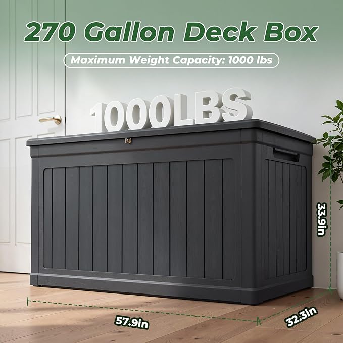 270 Gallon Deck Box, Lockable Waterproof Storage Box, Outdoor Storage Bin for Package Delivery, Patio Cushions, Gardening Tools，Pool Accessories and Sports Equipment (Black,270 Gallon)