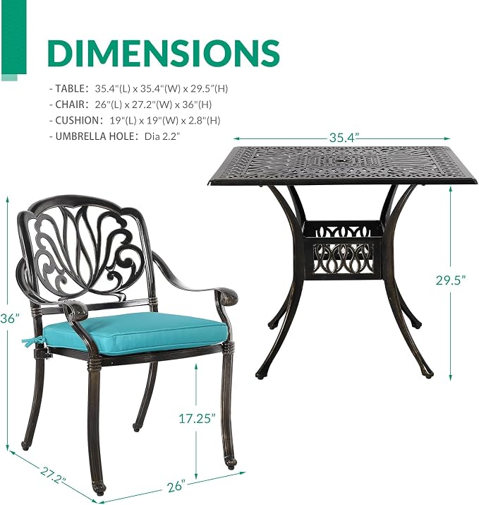 VIVIJASON 5-Piece Outdoor Patio Dining Set, All-Weather Cast Aluminum Conversation Set, Patio Furniture Set Include 4 Cushioned Chairs, a 35.4" Square Table w/Umbrella Hole, Ocean Blue Cushion