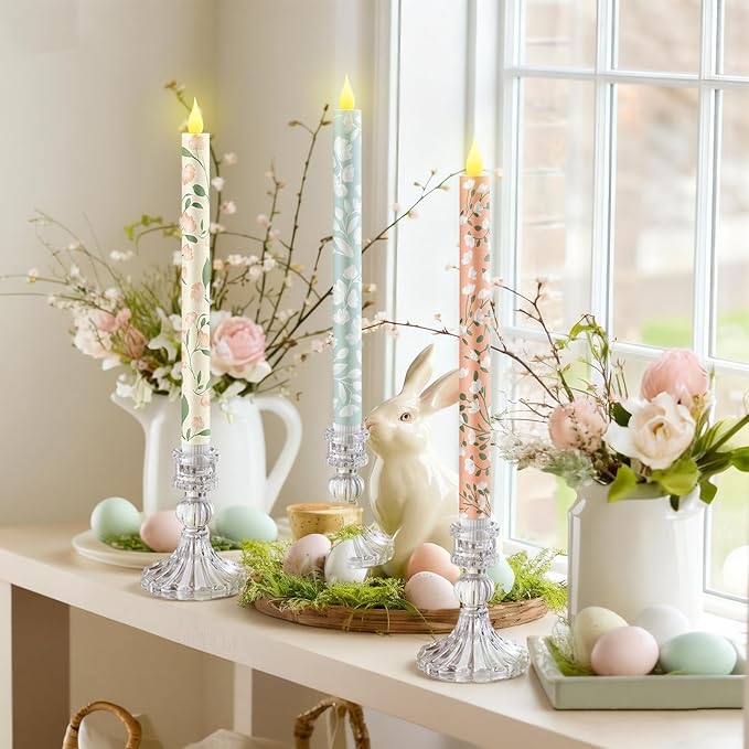 Honoson 6 Pcs Mother's Day Flameless Taper Candles 10.6 Inch Pastel Spring Flower Candles Battery Operated LED Candlesticks for Mother's Day Dinner Table Home Party Decor