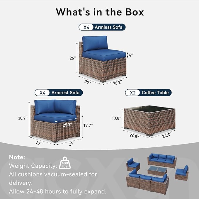 LazySunsets 10 Piece Outdoor Patio Furniture Set with Coffee Table, Outdoor Patio Furniture Sets with Waterproof Cover and Thicken Cushion, Wicker Rattan Outdoor Conversation Set for Backyard, Blue