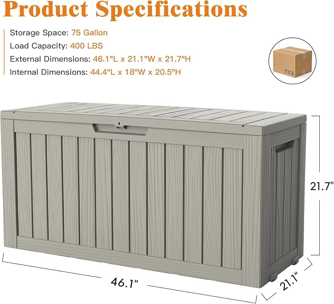 Outdoor Storage Box, 75 Gallon Waterproof Deck Boxes, Resin, Lockable Pool Deck Box for Garden Tools, Patio,Pool Accessories, Cushions, Large Delivery Boxes with Handle，Weatherproof & UV-Resistant