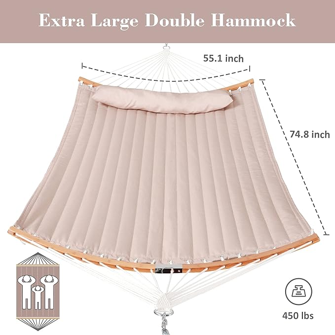 SUNCREAT Hammocks Patio Hammock with Stand, 2 Person Heavy Duty Curved Hammock with 13.5 ft Wooden Stand, Tan