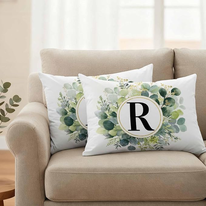 Letter R Waterproof Outdoor Pillow Covers Set of 2 Home Decor, Alphabet Green Eucalyptus Leaves Lumbar Pillowcase Patio Pillow Covers for Couch Bench Patio Furniture Garden 20x12in