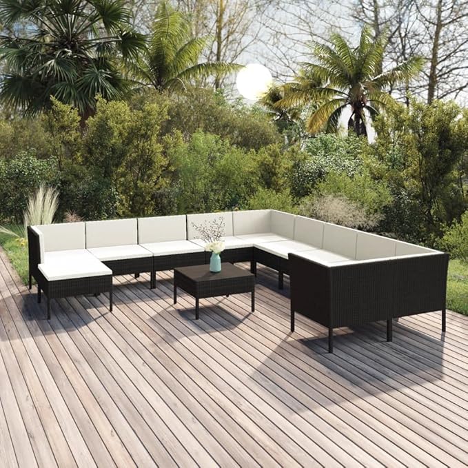 Patio Lounge Set with Cushions,Patio Furniture Sets,Patio Conversation Sets,Outdoor Furniture Sets,for Garden,Backyard,Outdoor,12 Piece Poly Rattan Black