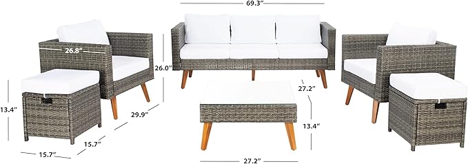 SAFAVIEH Outdoor Collection Presla Grey Brown/White 6-Piece Patio Living Set PAT7715C-3BX