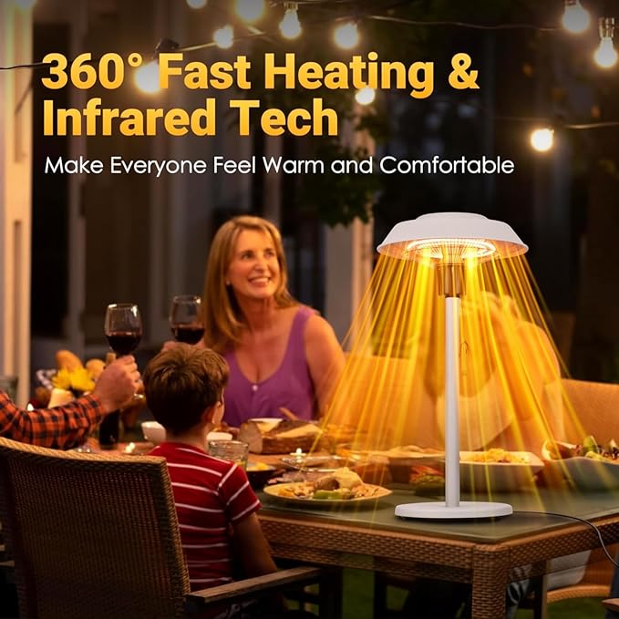 Electric Patio Outdoor Heater, 1500W Infrared Tabletop Heaters for Indoor Oudoor Use, IP55 Waterproof, Tip-over & Overheating Protection, Perfect for Garden, Balcony (light grey, tabletop-pull string)