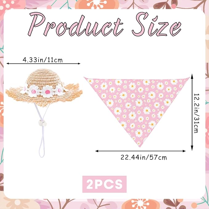 Summer Floral Porch Goose Outfit - 2Pcs Cute Pink Daisy Cottage Style Clothes with Straw Hat & Bandana Bib, Garden Lawn Decoration for 23 Inch Cement/Plastic Statue