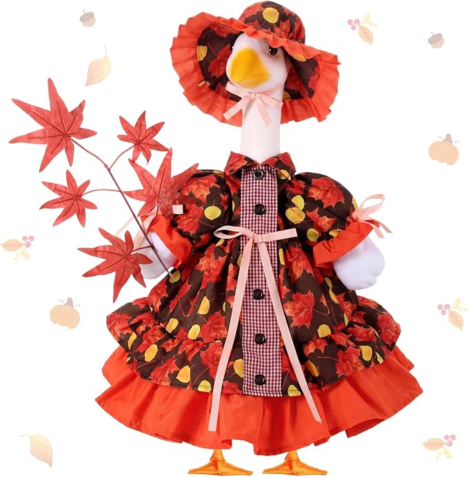 FuWeave Fall Porch Goose Outfit Maple Goose Costume Fancy Porch Geese Clothes with Wide Hat for 23" 17" Outdoor Patio
