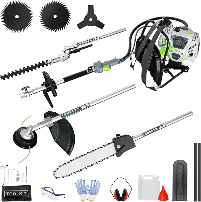 6-in-1 Multi-Functional Gas Powered Weed Wacker, 52CC 2-Stroke Backpack Gas Weed Eater String Trimmer, Hedge Trimmer, Pole Saw, Brush Cutter Blade, Safety Lock & Shoulder Strap for Garden, Yard
