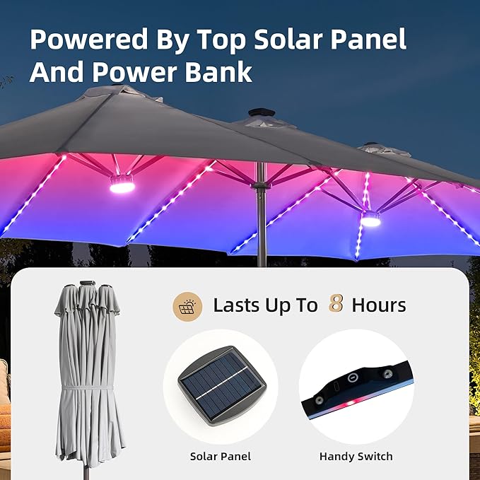 15ft Patio Umbrella with Base Included, Rectangle Double Patio Umbrellas with Crank Handle 12 Ribs, Heavy Duty Large Table Umbrella for Pool Deck Garden Party Commercial