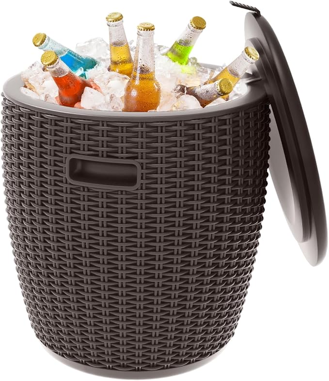 Outdoor Ice Cooler Side Table 9.5 Gallon Grey, Rattan Pattern Round Portable Ice Chest with Built-in Handle, Top Lid Side Handles Drainage Plug Bar Table for Patio Decor, Pool, Party