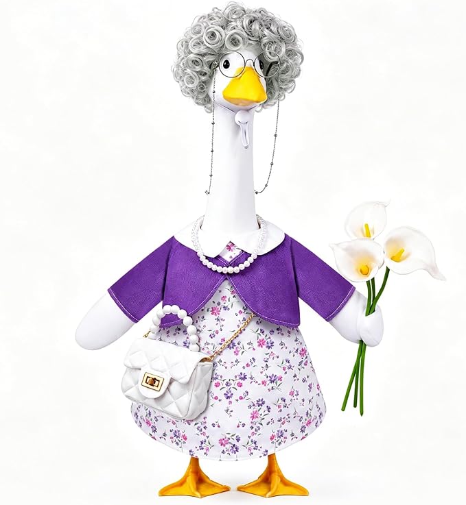 Celltestria Old Lady Goose Outfits Grandma Goose Costume Purple Lily Geese Clothes with Wig Glasses Necklace Bag for 23'' Geese Holiday Outdoor Lawn Patio Yard Garden Decor