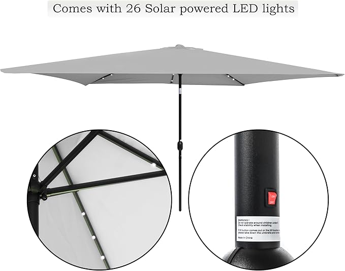 Trademark Innovations Rectangular Solar Powered LED Lighted Patio Umbrella - 10' x 6.5' - (Gray)