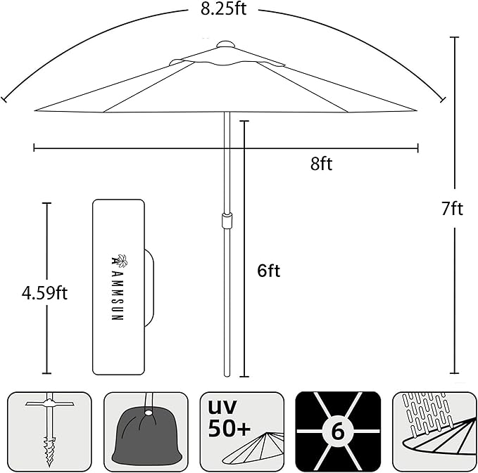 AMMSUN 8ft Heavy Duty High Wind Commercial Grade Patio Beach Umbrella with Separate Sand Anchor Air Vent Carry Bag Fiberglass Ribs without Tilt Outdoor umbrellas for sands Yellow