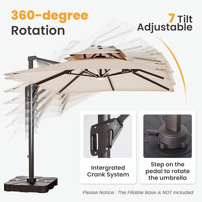 9x12 FT Cantilever Patio Umbrella with Led Lights Double Top Outdoor Rectangular Large Heavy Duty Aluminum Offset Umbrellas with 7 Level Tilt 360-degree Rotation for Pool Garden Deck, Beige