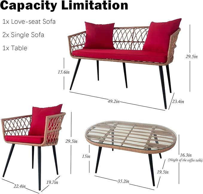 4 Piece Patio Furniture Set,Outdoor Conversation Set with Wicker Sofa, 2 Rattan Chairs and Glass Table, Patio Bistro Set with All Weather Cushions, for Garden, Porch, Backyard (Red)