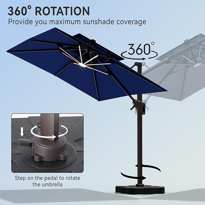 9' X 12' Cantilever Patio Umbrella with Led Lights Double Top Rectangular Outdoor Large Offset Umbrellas with 7 Tilts Adjustable 360°Rotation for Deck Pool Garden Backyard, Navy