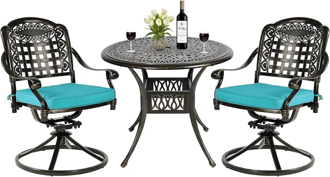 MEETWARM 3-Piece Outdoor Patio Dining Set, All-Weather Cast Aluminum Patio Conversation Set, 2 Cushions Swivel Rocker Chairs and 35.4" Round Table for Backyard Garden Deck, Umbrella Hole, Ocean Blue