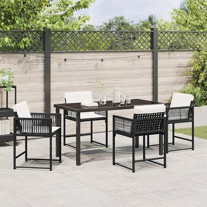 5 Piece Outdoor Dining Set, Black Poly Rattan Patio Table and 4 Chairs, Modern Garden Furniture for Backyard Deck Balcony