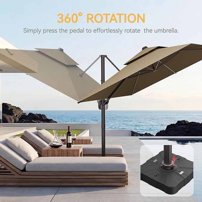 10x13 FT Patio Umbrella with Base, Large Cantilever Rectangular Double Top Heavy Duty Offset Umbrellas with 360° Rotation, Outdoor shade for Garden Deck Pool Patio, Tan