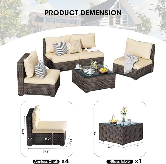 5 Piece Patio Furniture Set All Weather PE Rattan Outdoor Sectional Sofa Couch with No-Slip Cushions and Glass Top Table for Garden, Poolside, Backyard (Beige)